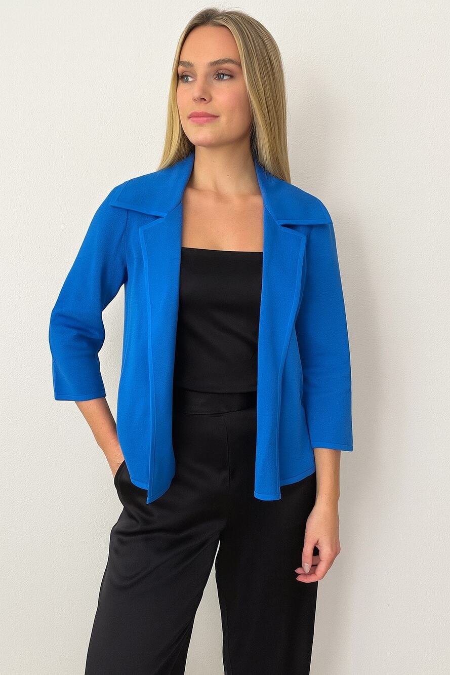 St. John Open Front Santana Knit Blazer Jacket Electric Blue Collared 0 Cobalt